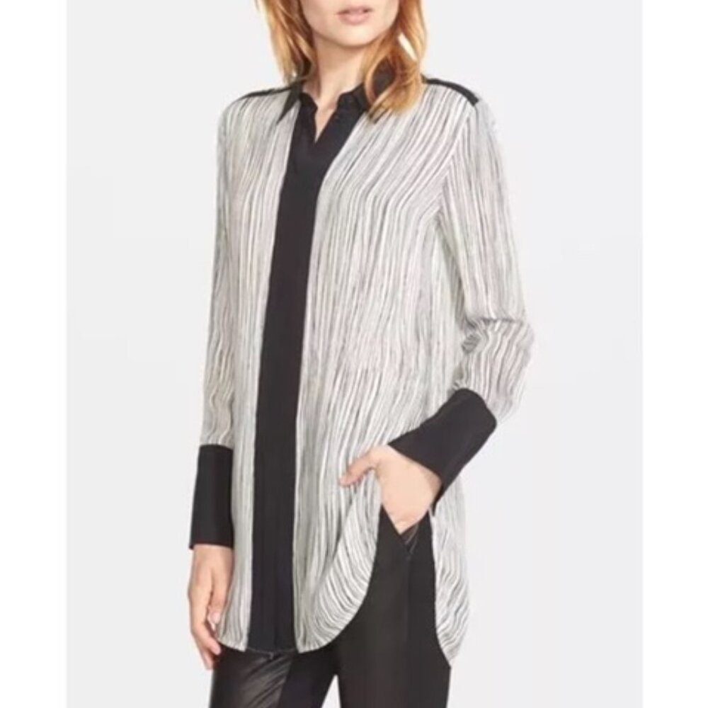Vince Wavy Striped Silk Button Down Tunic Blouse Top XS Womens Cream Black
